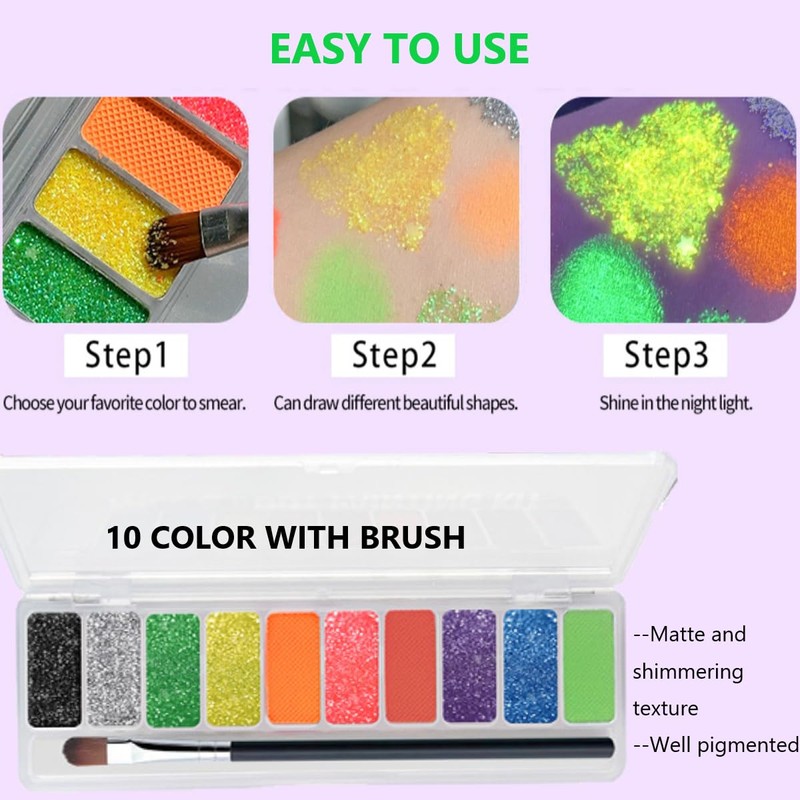 KARLOR 10 Color Fluorescent Eyeshadow, Glitter Luminous Neon UV Eyeshadow