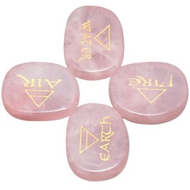 Rockcloud Healing Crystal 4pcs Engraved Triangle Symbol Stones Palm Stones Reiki Balancing,Rose Quartz