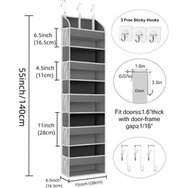 YMCLUB Over the Door Organizer, 5 Shelf Hanging Storage with Large Pockets, 44 lb Load, 15.7x5.5x57.8 Inch, for Bedroom, Bathroom, Pantry, Nursery (Grey)