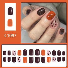 Fall Press on Nails Short Square Fake Nails Glossy Autumn Orange Red Dark Brown Acrylic Nails Squoval Bling Gold Glitter Stick on False Nails with Design 24 Pcs