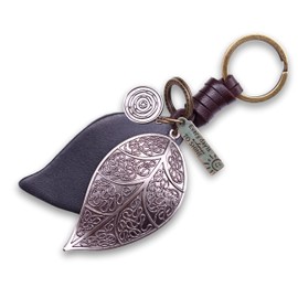 AuPra Black Leaf KeyRing Gift Women & Men Leather KeyChain Home Car Door Keys Holder Ladies Present