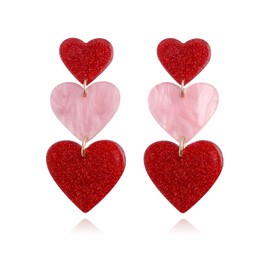 Three Love Heart Dangle Drop Earrings Unique Pink Red Heart Statement Earrings for Women Valentine’s Day Gift-Red