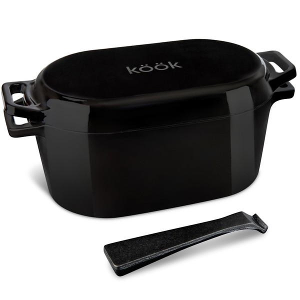 Kook Dutch Oven with Lid, Bread Loaf Pan, Enameled Cast Iron, Great for Baking Sourdough, Cooking and Roasting, Dishwasher Safe, Dual Handles, includes Lid Lever, 3.4 Qt, Black