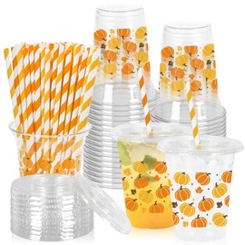 Whaline 50Pcs Fall Plastic Cups with Lids Straws Orange Yellow Brown Pumpkin Maple Clear Plastic Cups 12oz Disposable Cup for Autumn Thanksgiving Party Favors Supplies