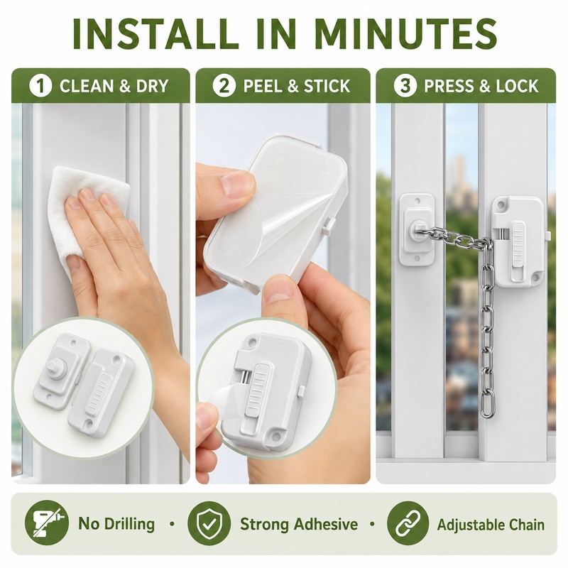 2 Pack No-Drill Child Safety Chain Lock for Windows and