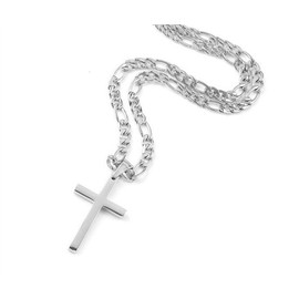 FZTN Jewelry White Gold Flat Figaro Chain Necklace with Cross Pendant for Men Boys 18 Inch 18K White Gold Plated Stainless Steel Fashion Jewelry