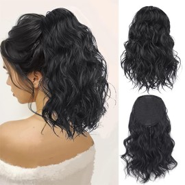 RPAEOY 35 cm Women's Wavy Hair Wig Drawstring Wave Short Ponytail Wig Ideal for Daily Use and Parties (Black)