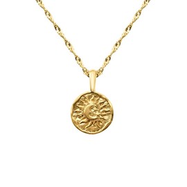 Gold Engraved Coin Pendant Necklace for Women Girls 925 Sterling Silver Tiny Small Round Circle Moon Star Sun Boho Byzantine Choker Link Chain Adjustable Dainty Birthday Jewelry Gift 18 Inch
