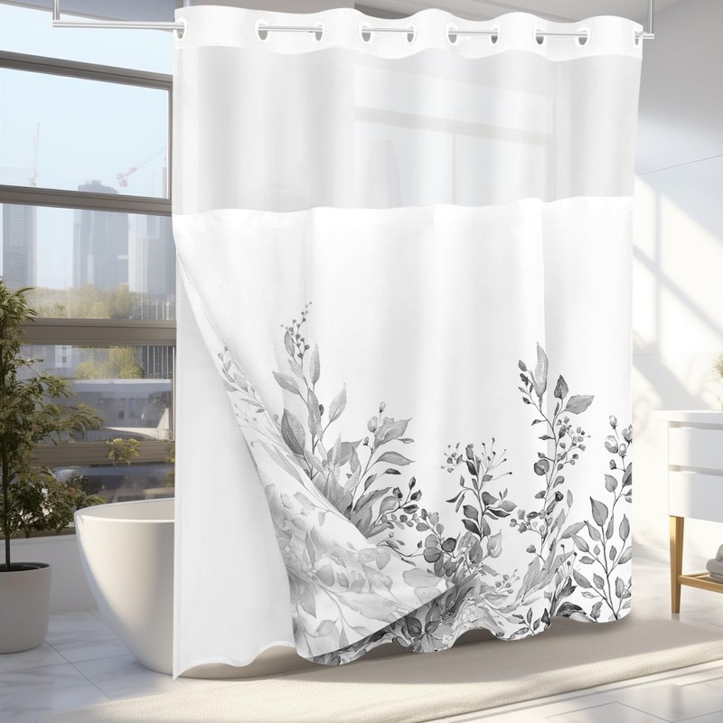 Tititex No Hooks Snap in Liner Grey Eucalyptus Leaves Shower