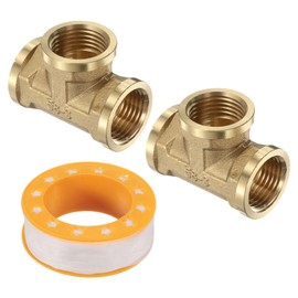 sourcing map 2pcs Brass Tee Pipe Fitting, G1/2" Female 3 Way T-Connector Fitting Coupler Adapter for Gas Transport Connect Pipelines