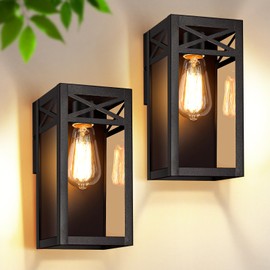 Outdoor Wall Light Fixtures, Exterior Waterproof Lanterns, Black Porch Lights with Glass Shade, Sconces Wall Mount Lighting with E26 Socket, Anti-Rust Wall Lamps for Patio Front Door Entryway, 2-Pack