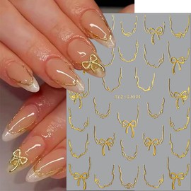 4 Sheets Gold French Line Bow Nail Stickers for Women 3D French Tip Stripe Wave Curve Nail Art Stickers Aesthetic Slider Ribbon Bows Lines Sticker Nails Design Nails Supplies Manicure Accessories