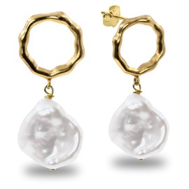 Secret & You Women's Pearl Earrings Freshwater Cultured Pearls - Keshi Baroque Pearls Large 15.00 mm 925 Sterling Silver 18 Carat Gold-Plated, Pearl, Pearl