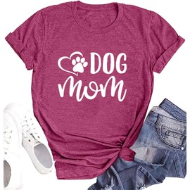 Dog Mom Shirts for Women Cat Dog Paw Graphic O Neck Short Sleeve Gifts Girls Heart Tee Tops DarkRed XL
