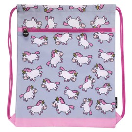 Fringoo - Kids Drawstring Bag - Front Zipped Pocket - Large Capacity Drawstring Bag - PE Bag - School - Gym - Swim - Pastel Chubby Unicorn Design