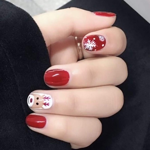 Brishow False Nails Short False Nails Christmas Decoration Snow Snow Acrylic Press on the Nails Full Cover Stick on the Nails 24 Pieces for Women and Girls