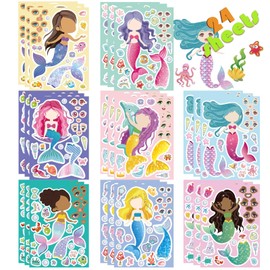24 Sheets Mermaid Stickers, Make A Mermaid Face Stickers for Kids, Make Your Own Mermaid Stickers DIY Craft Stickers Decor Party Favors Classroom Games Rewards, Mermaid Themed Birthday Party Supplies