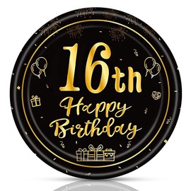 16th Birthday Decorations for Boys Girls,Black Gold 16th Birthday Tableware Set - 50Pcs 7Inch Small Paper Plates Happy 16 Year Old Sweet Sixteen Plates for Sweet 16 Party Decorations,Serves 50