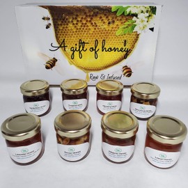 C&J Farms Texas Gourmet Artisan Seasonings A Gift of Honey Set- 8 Piece Sweet Variety Box- Pure, Raw, Natural Infused Honey by TX Bees in Sampler Jars