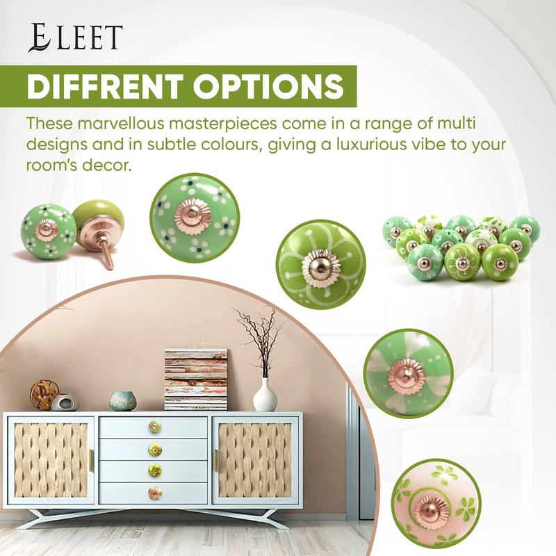 Eleet Handpainted Designer Ceramic Knobs - Pack of 12 Green