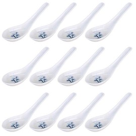 JapanBargain 2323x12 Set of 12 White Blue Japanese Soup Spoons, Restaurant-Grade Melamine Bulk Pack Ramen Pho Wonton Noodle Spoons