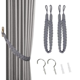 Pack of 2 Curtain Ties with Metal Hooks, Woven Curtain Cord Made of Cotton, Buckle, Decorative Curtain Attachments, Curtain Accessories, Suitable for Home, Office, Living Room, Bedroom