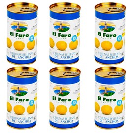El Faro 6 x350g tins (150 grams drained/tin) Spanish Green Manzanilla Olives Filled With Anchovy