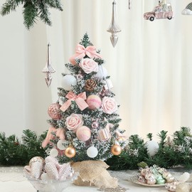 WBHome 1.8 Feet Pre-lit & Pre-Decorated Tabletop Christmas Tree, Rose Gold Ornament Decorations with Pine Cones, Snow Flocked Mini Christmas Tree with Lights, 35 Bulbs (1.8FT)