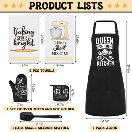 Hoolerry 6 Pcs Kitchen Apron Dish Towels Oven Mitts and Pot Holders Sets with Silicone Spatula for Women Wife Grandma Cooking Baking Gifts (Black, Baking)