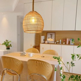 WalmHomie 1 Light Rattan Pendant Light Boho Coastal Wicker Chandelier Hemp Rope Hanging Light Fixture for Kitchen Island Bedroom Restaurants, 11.81''W x 11.81''H