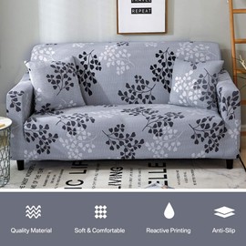 HEYOMART Sofa Cover High Stretch Elastic Fabric 1 2 3 Seater Sofa Slipcover Chair Loveseat Couch Cover Polyester Spandex Furniture Protector Cover with 1 Pillowcase (2 Seater, Grey Leaves)