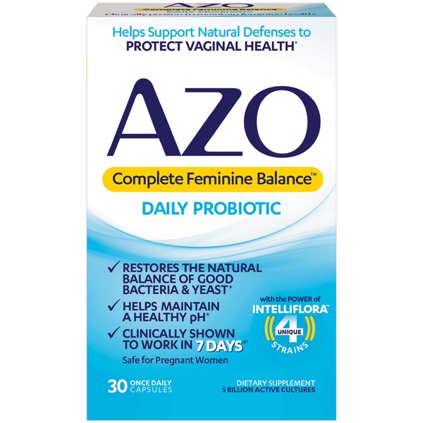 AZO Complete Feminine Balance Daily Probiotics for Women, Clinically Proven to Help Protect Vaginal Health, balance pH and yeast, Non-GMO, 30 Count