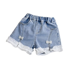OverDose Boutique Kids Baby Little Girls Summer Denim Shorts Elastic Waistband Flower Embroidery Jeans White Lace Jeans Baby Girl Shorts 3-6 Months (Blue, 6-12 Months)