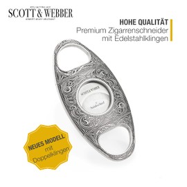 Scott & Webber® - Cigar cutter with double blade made of stainless steel - Cigar accessories for large ring sizers - incl. leather case and elegant packaging (silver)