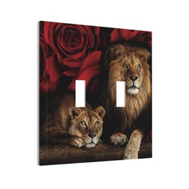 Red Rose And Lion Double Toggle Wall Plate 2 Gang Flower Animals Decorative Light Switch Cover Electrical Faceplate Switchplate for Bathroom Bedroom Kitchen