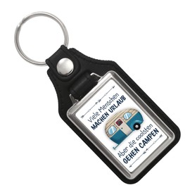 The coolest go camping keyring with faux leather pendant with caravan practical key ring as a great gift idea for friends who like to go with the camper, multicoloured
