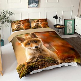 Morbuy Fox Print Duvet Cover Bedding Set 2-Piece 135 x 200 cm, 3D Animal Print Brown Bedding Set Girls Boys Children Deluxe Microfibre Soft Duvet Cover with Zip and Pillowcases