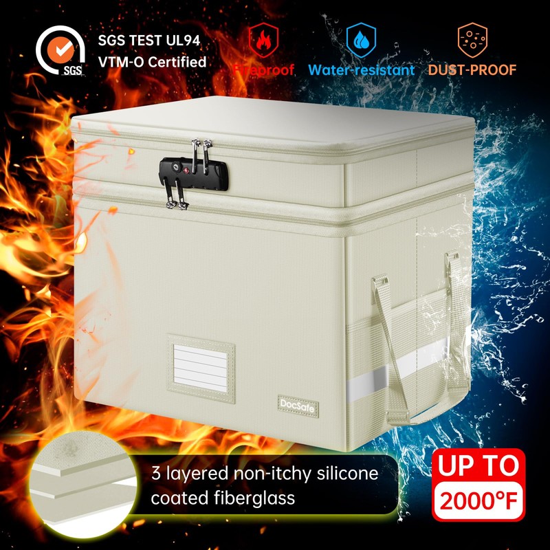 DocSafe File Box with Lock,Multi-Layer Fireproof Document Box Collapsible File
