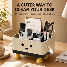 Beige Desktop Storage Organizer Box, HIPS Plastic Open-Top Compartment Desk Caddy for Stationery, Cosmetics, Remotes and Small Items, Sitting Position