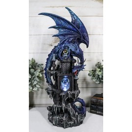 Ebros Gift Large Blue Guardian Aqualon Water Elemental Dragon On Rocky Mountain Castle Decorative Statue with Automatic Color Changing LED Night Light Mythical Fantasy Decor Figurine