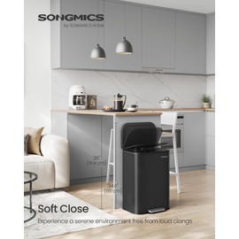 SONGMICS Kitchen Trash Can, 13-Gallon (50 L) Garbage Can with Lid, Stainless Steel, Soft Close and Stays Open, Inner Bucket, Wide Non-Slip Pedal, Ink Black ULTB547B01