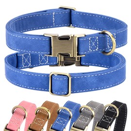 LCG LUCHENGYI Soft Leather Dog Collar, Adjustable Heavy Duty Pet Collars with Quick Release Metal Buckle for Large Medium Small, Blue, M
