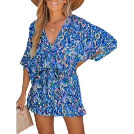 CUPSHE Women's Jumpsuit V-Neck Short Sleeve Romper Leopard Print Wide Leg Short Jumpsuit with Belt Casual Loose Playsuit, blue