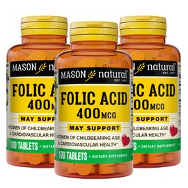 MASON NATURAL Folic Acid 400 mcg - Helps Nervous System Function, Daily Supplement for Health, Mood and Prenatal Care, for Women of Childbearing Age, 100 Tablets (Pack of 3)