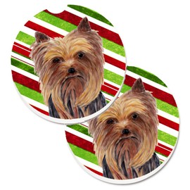 Caroline's Treasures SC9325CARC Yorkie Candy Cane Holiday Christmas Set of 2 Cup Holder Car Coasters Absorbent Sandstone Coasters for Car Cup Holders Gifts for Men or Women, Large, Multicolor