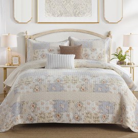 QuiltMuse Oversize King Quilt 120"x120" - 100% Cotton Lightweight California King Bedspread with 2 Pillowshams, Farmhouse Reversible Extra Large Floral Coverlet, King/Cal King, Beige