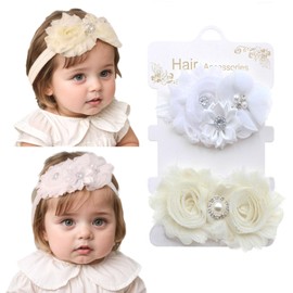 Kenjudess 2 pcs Baby Girls Flower Headbands Set Floral Chiffon Bow Hairbands with Crystal Elastic Pearl Hair Accessoties for Newborn Infant Toddler (White 2, Standard Small)