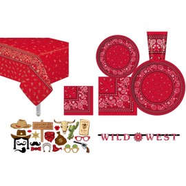 Serves 30 Essential Party Pack Red Bandana Western Party Supplies 9" Plates 7" Plates Cups NapkinBeverage Banner Wild West 20 Photo Props 2 Table Cover Red Bandana Western Birthday Party Supplies
