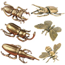 SnowOwl 6PCS Vintage Brass Gold Bee Beetle Decorations Statues Sculpture Solid Metal Animal Insect Ornament Miniature Figurines Long Horn Bug for Home Office Garden Desktop Decor (Bronze-3)