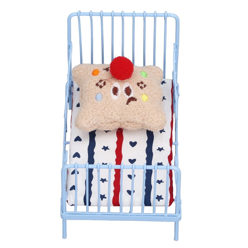 1:12 Miniature Bed Metal Structure Cute Pattern Sponge Cloth Mattress